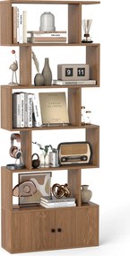 Estante de 5 Níveis com Armário de 2 Portas, 70 x 23 x 183 cm, Design em Forma de S, Natural