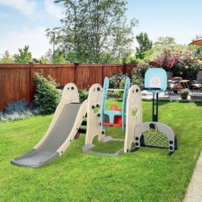 Parque infantil 5 em 1 escorrega balanço 2 cestas de basquete e gol de futebol para crianças acima de 1 ano 225x220x110 cm Multicolor