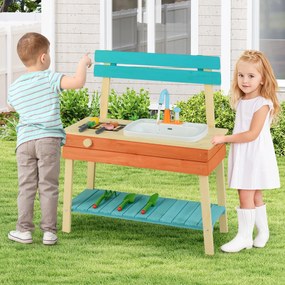 Cozinha de brincar para crianças com grelha, botão giratório, torneira e acessórios de jardinagem para 3 a 8 anos, azul