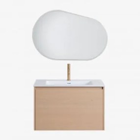 Conjunto De Móvel De Casa De Banho Suspenso Em Madeira Com Lavatório Integrado Jacob Madeira Natural & Oval Led E Anti-embaciamento 100x80 Cm - Sklum