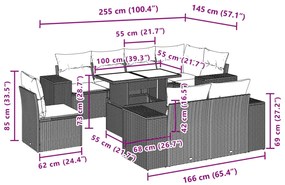 9 pcs conjunto de sofás p/ jardim com almofadões vime PE bege