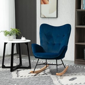 Cadeira de baloiço, confortável com estrutura em madeira maciça e metal para a sala de estar, quarto, varanda, veludo azul