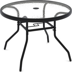 Mesa jarim para exterior com vidro temperado 70 x 70 x 45,5 cm, orifício para guarda-sol e metal para jardim ou terraço Preta