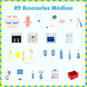 Consultório médico em madeira para Crianças 85 x 25 x 80 cm com área de exame, filme de raios X, monitor de ECG e tabela optométrica Azul