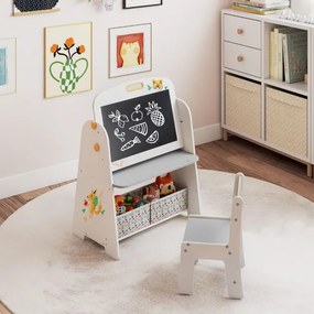 Conjunto de mesa e cadeira para crianças com quadro branco magnético e Quadro de giz Branco e cinza