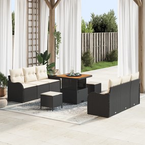 Conjunto de Sofá de Jardim de 9 Peças com Almofadas Preto Ratan Sintét