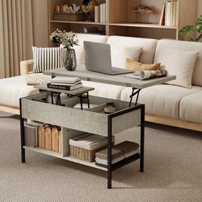 Mesa de centro elevável e extensível 98 x 49 x 55 cm,, com compartimento oculto e prateleiras abertas, cinzenta
