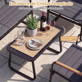 Conjunto de jardim de 4 peças, com almofadas, mesa de vidro temperado e cadeiras de jardim para alpendre, varanda ou jardim com almofadas Cinza