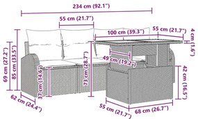 Conjunto de Jantar de Jardim de 5 Peças com Almofadas em Rattan Preto