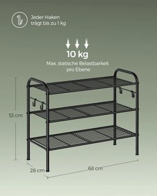 Sapateira com 3 prateleiras de grelha 28 x 68 x 53 cm para 12 pares de sapatos preto
