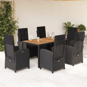 vidaXL 7 pcs conjunto de jantar p/ jardim c/ almofadões vime PE preto