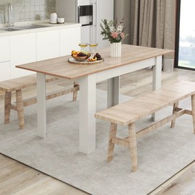 Mesa de jantar extensível moderna 158 x 70 x 76 cm (BANCOS NÃO INCLUIDOS) com pernas em L e superfície ajustável  110 kg  Branca e natural
