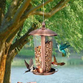 Alimentador de metal 2 em 1 para pássaros selvagens pendurado alimentador solar de metal ao ar livre com telhado e 2 tubos para pássaros separados
