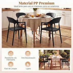 Cadeira de jantar em plástico com encosto curvo, braços e assento amplo; para uso interior e exterior, na sala, terraço ou jardim Preta