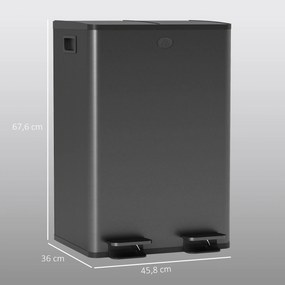 Caixote do lixo de cozinha 45,8 x 36 x 67,6 cm com 2 compartimentos de 2 x 28 L, aço inoxidável, tampa com fecho suave, preto