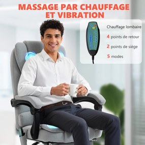 Cadeira de escritório com função de massagem e aquecimento, altura ajustável, encosto reclinável, 65x70x111-119 cm, cinzenta