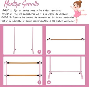 Barra de Ballet Portátil 120 cm  Barra Dupla Independente Altura Ajustável 56/76/96/116 cm Barra de Fitness Adultos e Crianças Rosa