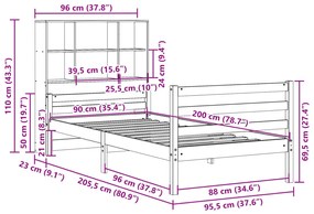 Cama com estante sem colchão 90x200 cm pinho maciço
