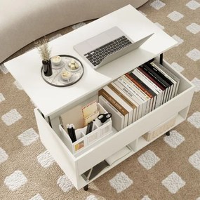 Mesa de centro com tampo elevável 80 x 40 x 46 cm, compartimento oculto e 2 prateleiras para sala de estar Branco