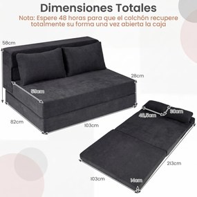 Sofá-cama futon dobrável grande 3 em 1 com 2 almofadas, tecido de chenille , para sala, quarto ou escritório cinzento