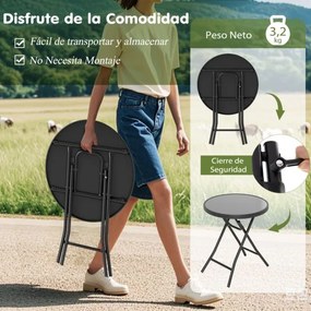 Mesa jardim redonda dobrável de 46 cm compacta com tampo de vidro temperado e estrutura metálica preta