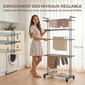 Estendal de roupa dobrável de 5 níveis com rodas 73 (L) x 64 (P) x 172 (A) cm, estendal de interior com abas laterais, estrutura em aço, cinzento