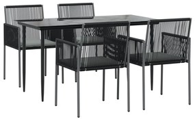 5 pcs conjunto jantar p/ jardim c/ almofadões vime PE/aço preto