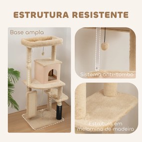 Arranhador para Gatos Grande Altura 132 cm com Plataformas Postes com Escova Bolas Suspensas e Almofadas para Arranhar Bege