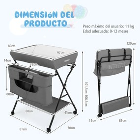 Trocador fraldas duplo com rodas Berço 4 em 1 Altura regulável em 3 níveis Mesa Secadora Fraldas 81 x 70 x 106-5 cm Cinza