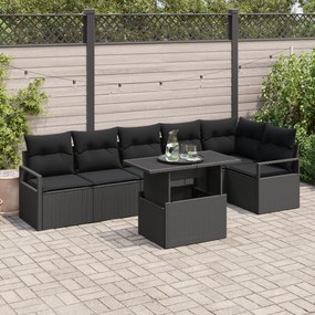 Conjunto de Sofá de Jardim vidaXL 7 Peças com Almofadas Preto Poli Rat