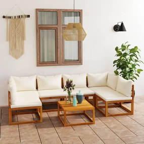 vidaXL 7 pcs conjunto lounge jardim c/ almofadões acácia maciça creme
