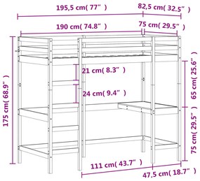 Cama alta com secretária 75x190 cm pinho maciço castanho-mel