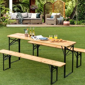 Conjunto de mesa de piquenique e banco de 3 peças, mesa de cerveja dupla com estrutura de aço de 2 assentos para jardim externo natural