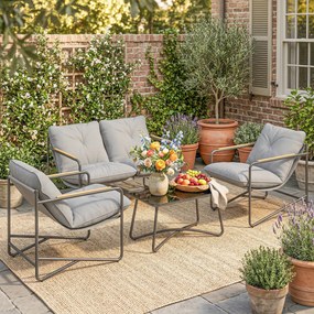 Conjunto de jardim de 4 peças com sofá de 2 lugares, 2 poltronas e mesa de centro em vidro temperado; almofadas de 13 cm em cinzento claro