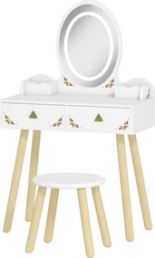 Toucador de Maquilhagem com Luzes LED de 3 Cores  Banco Espelho 2 Gavetas 2 Caixas de Armazenamento 60x30x99,3 cm Branco