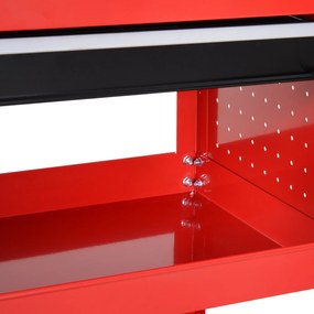 Carrinho de Ferramentas com 3 Bandejas e Gaveta Rodas com Travões Pega Lateral Painel Lateral Perfurado 82x35x76 cm Vermelho