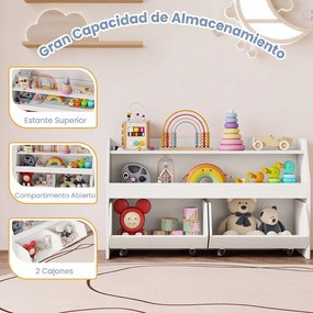 Estante de Arrumação para Brinquedos, 102 x 30 x 60 cm, Com 2 Estantes e 2 Gavetas, Branco