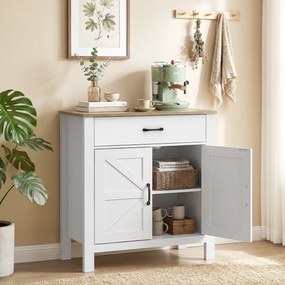 Aparador de sala 77 x 39,3 x 81,5 cm, móvel de arrumação com 2 portas de estilo celeiro, gaveta e prateleira ajustável, branco e castanho