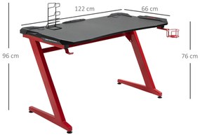 HOMCOM Secretária Gaming para Computador com Porta Copos Gancho para Fones de Ouvidos Suporte para Gamepad e 2 Orifícios Passa Cabos 122x66x76cm