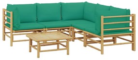 6 pcs conjunto lounge de jardim bambu c/ almofadões verdes