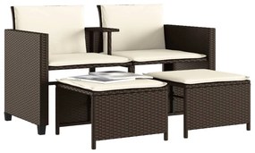 Sofá de jardim de 2 lugares com mesa e bancos vime PE castanho