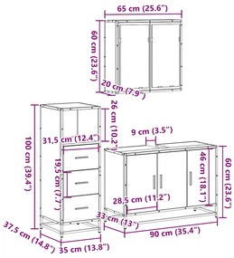 3 pcs Conjunto móveis casa de banho madeira proc. cinza sonoma