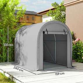Abrigo de jardim 159 x 240 x 185 cm  Tenda de armazenamento em aço galvanizado e LONA PE anti-UV de 160 g/m² para mota e cortador de relva Cinza claro