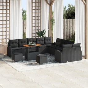 Conjunto de Sofá de Jardim vidaXL com 13 Peças e Almofadas de Rattan Poliéster Preto Acácia