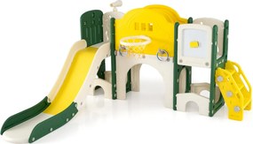 Conjunto de escorrega para crianças 10 em 1 Escalador com quadro magnético Telescópio Lançamento de aros Cesto Túnel Corredor amarelo