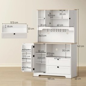 Armário de Cozinha com 3 Portas 2 Gavetas 3 Prateleiras na Porta 8 Ganchos Bancada Ampla 100x40x162 cm Branco