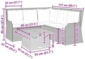 4 pcs conjunto lounge de jardim c/ almofadões vime PE preto