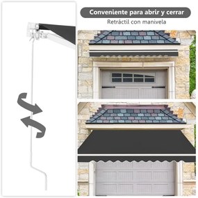 Toldo retrátil 3 x 2,5 m em alumínio com manivela e poliéster impermeável para exterior Cinzento