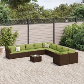 vidaXL 11 pcs conjunto sofás de jardim c/ almofadões vime PE castanho