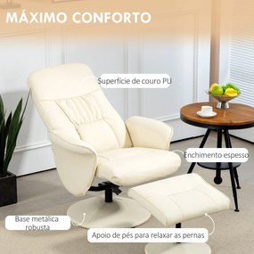 Poltrona Relax com Apoio para os Pés Estofada em PU  Reclinável até 145° e Giratório 360° com Encosto Ajustável 81x81x105cm Creme